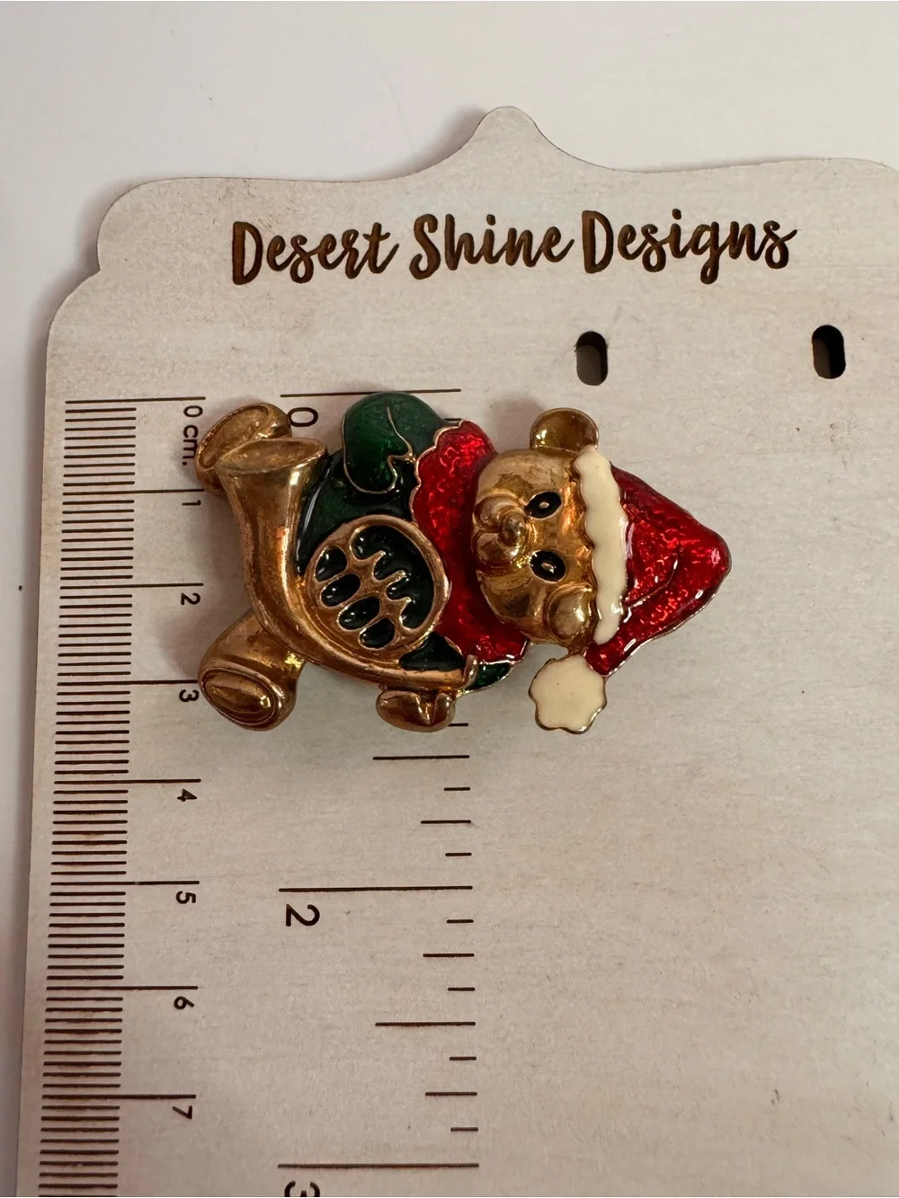 Vintage Christmas Teddy Bear French Horn Brooch Gold Tone Enamel Santa Hat Pin